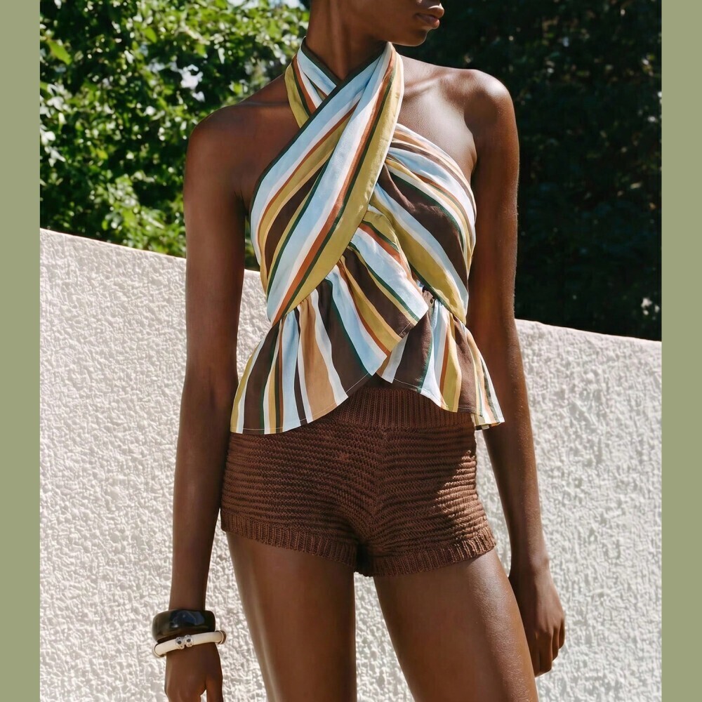 Brown / Blue Multicolor Striped Crisscross Halter Ruffle Peplum Top